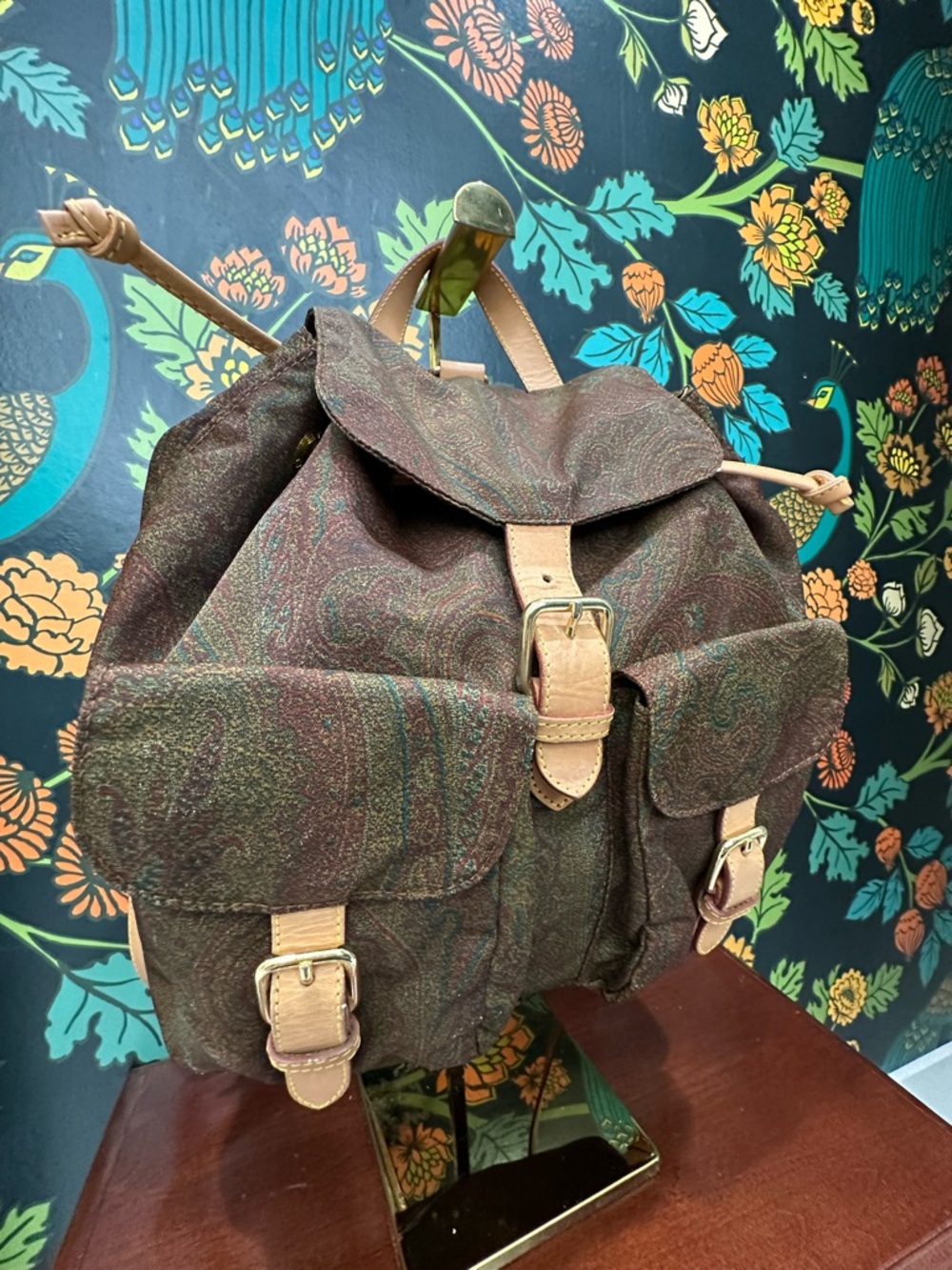 Etro Milano Vintage Paisley Backpack Leather Trim Boho Luxury Italy - Picture 5 of 13